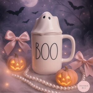 Rae Dunn BOO Mug w/ Ghost Topper Halloween Canister Lid Ceramic NWT